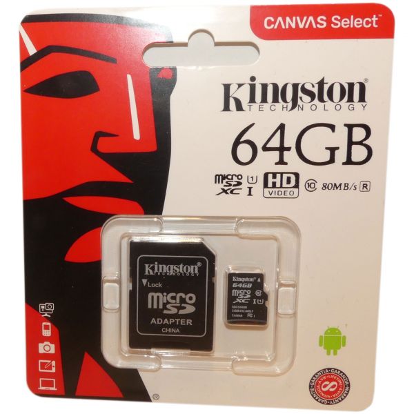 Kingston Canvas Select R80 microSDXC 64GB Kit, UHS-I U1, Class 10